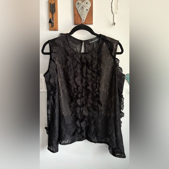 Black Lace Ruffle Top with Open Shoulder - Picture 1 of 5